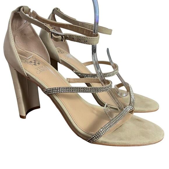 Vince Camuto Fairah Womens Rhinestone Ankle Strap Sandals Leather Heels Shoes 9 - Picture 1 of 16